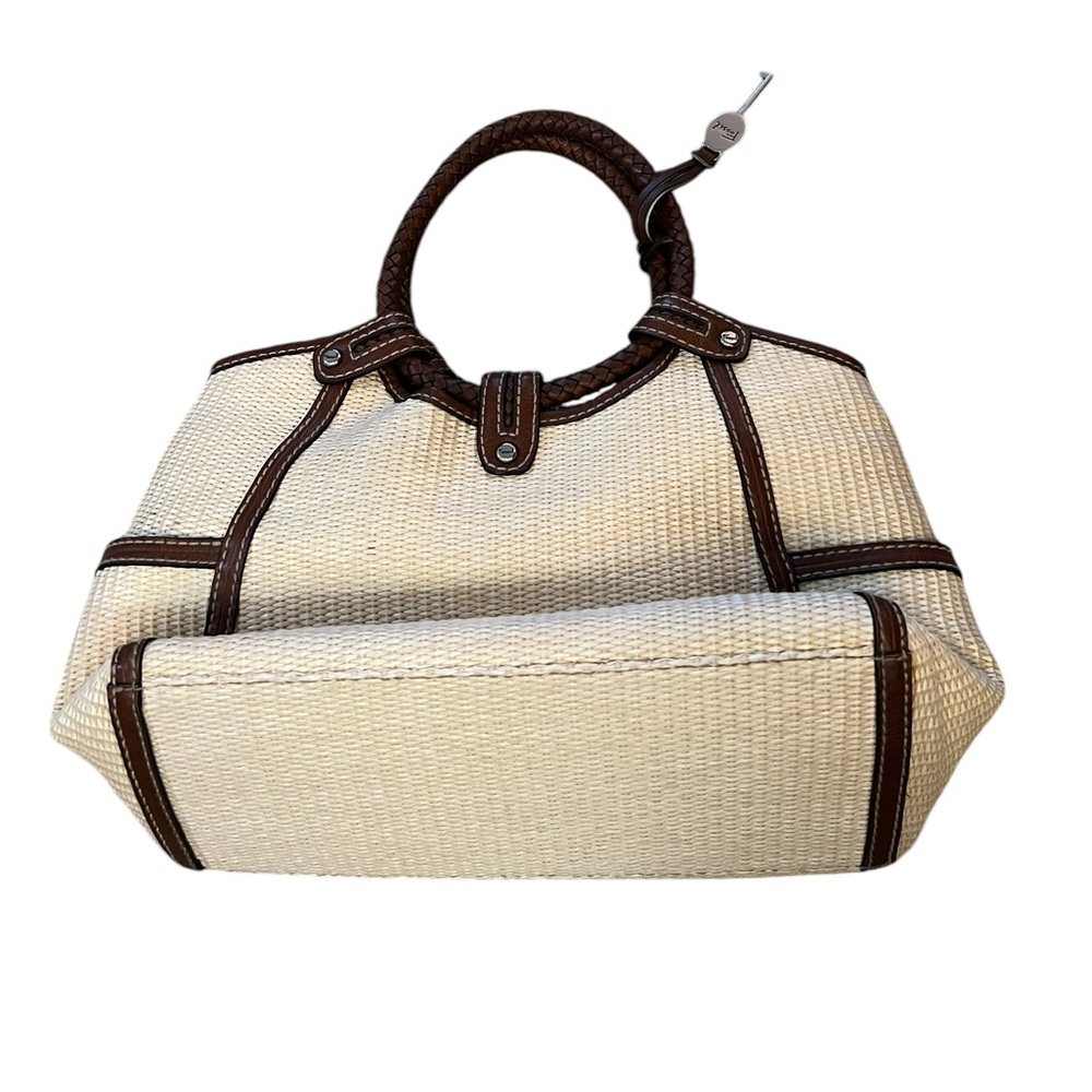 FOSSIL Woven Straw Handbag with Brown Leather Trim, Braided Handles & Key Charm